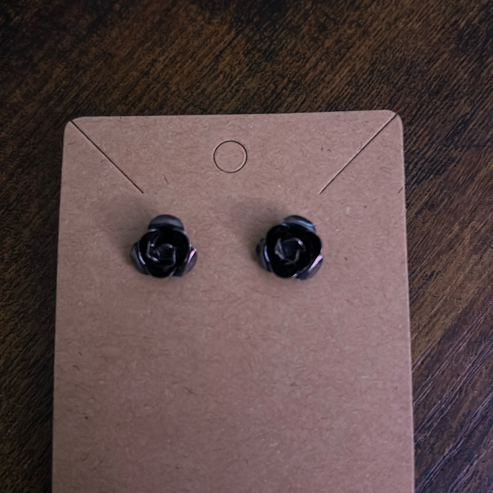 Black Rose Stud Earrings - Women's Floral Ear Studs - Picture 2 of 5